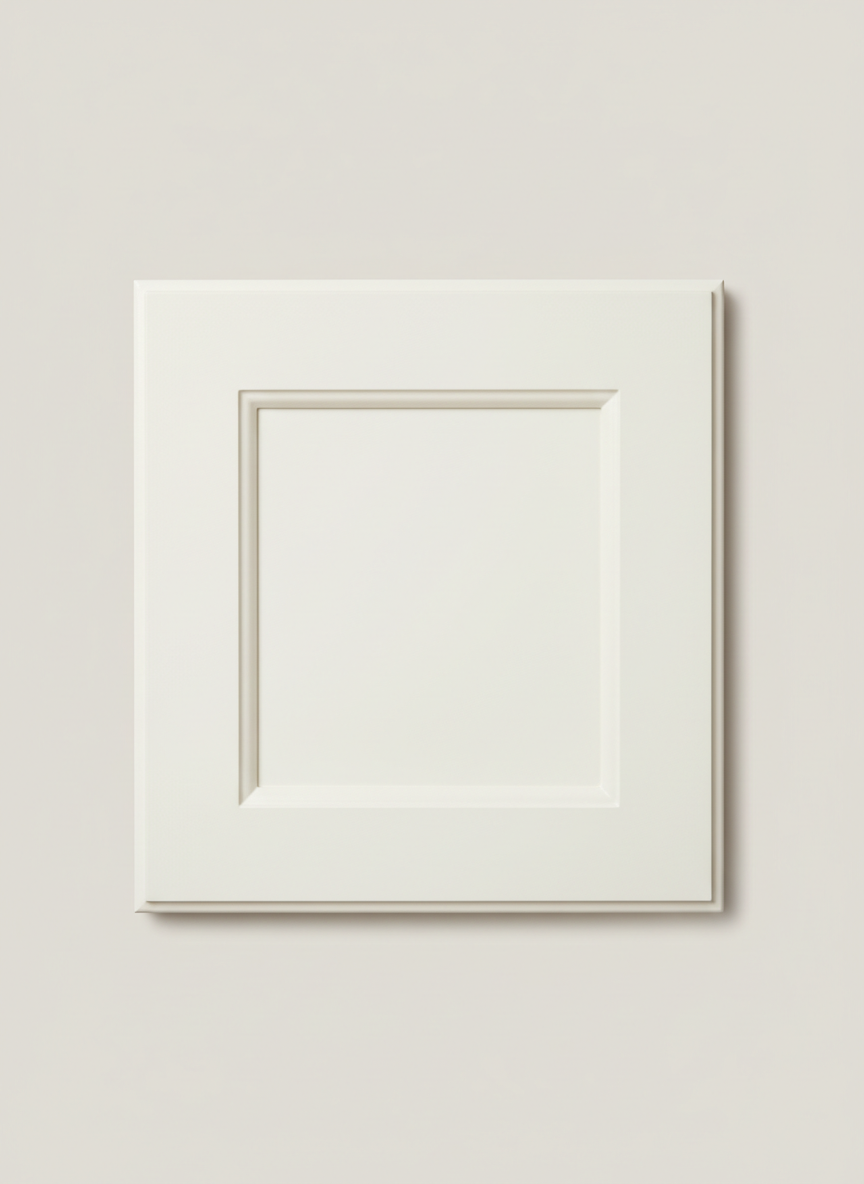 A beautiful shaker style cabinet sample door panel, warm white painted finish, clean square recessed center panel, soft studio lighting, product photography style, isolated on a light neutral background, showing the classic shaker door profile clearly