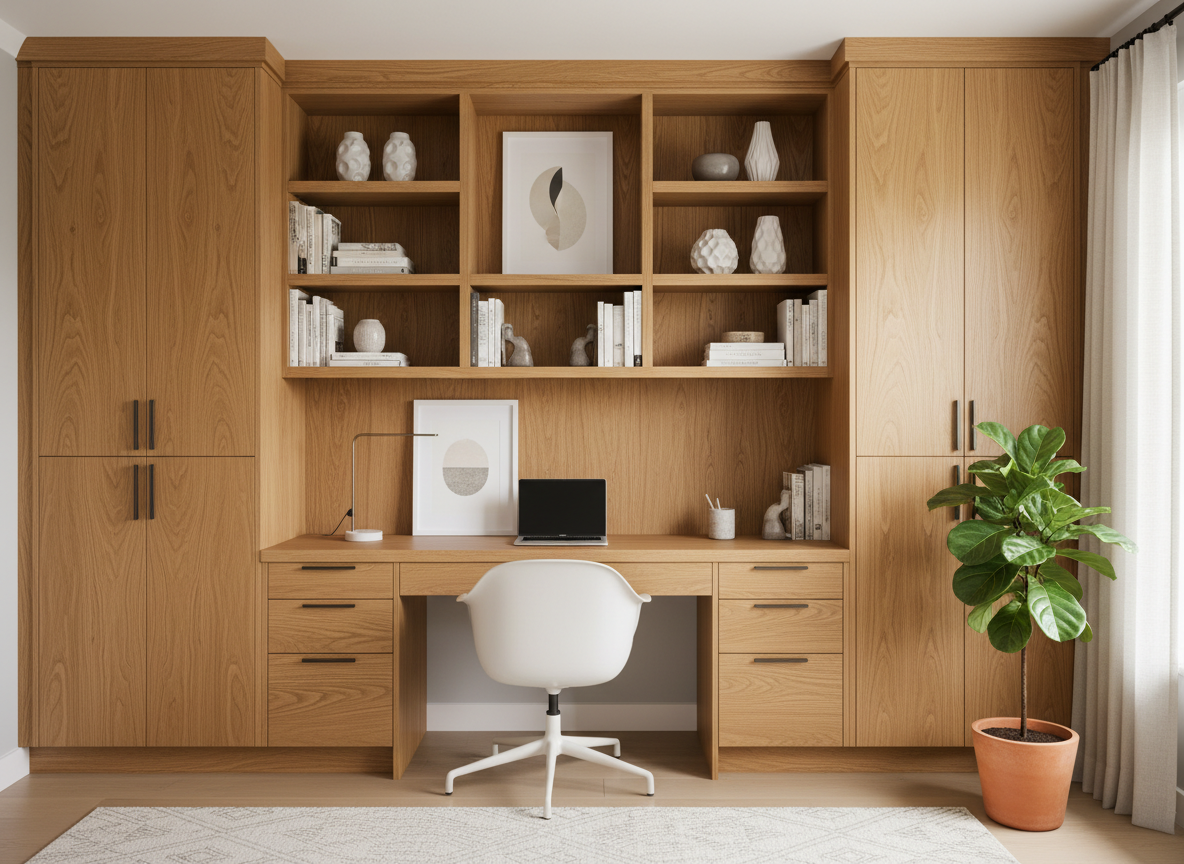 Custom built-in home office cabinets with shelving and integrated desk in warm wood