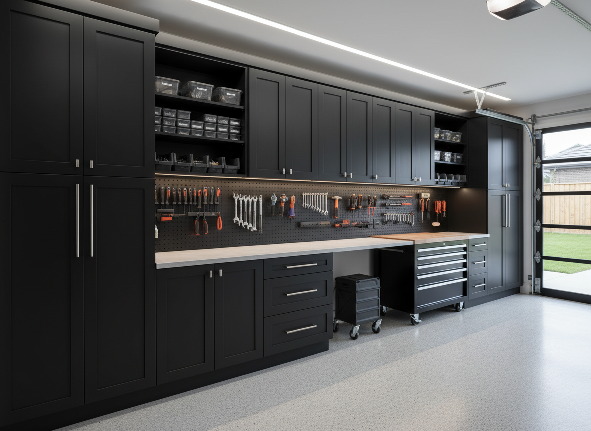 Custom garage cabinets in dark finish with organized storage and tools