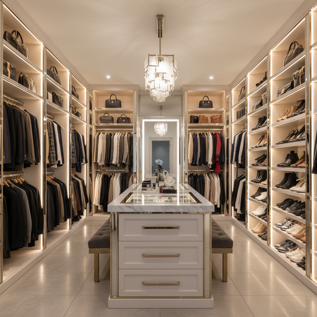 A luxurious master bedroom walk-in closet with elegant built-in shelving, hanging space, drawers, and shoe racks with warm lighting and clean modern finishes