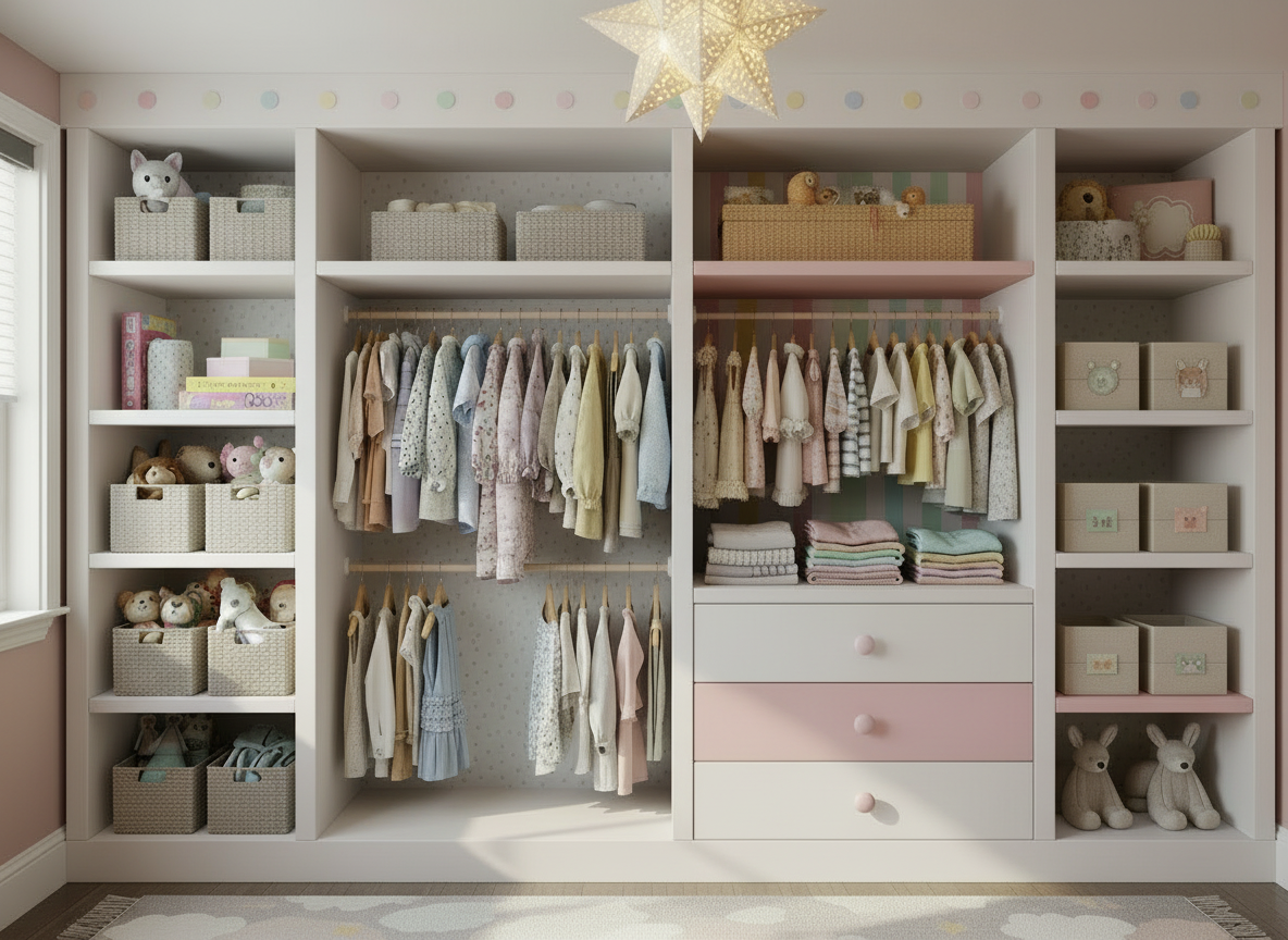 Real interior photo of a kids bedroom closet with white built-in shelving, neatly hung small clothes, wooden drawers, colorful storage baskets, warm ambient lighting. Shot like a professional home design magazine photo.